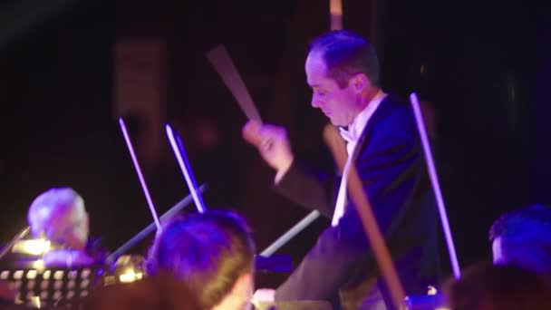 Der männliche Dirigent dirigiert das Orchester. — Stockvideo