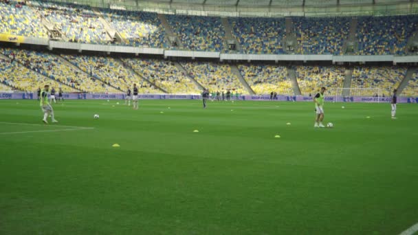 Trenuje piłkarzy na stadionie. Rozgrzej się. Olimpijski. Kijów. Ukraina — Wideo stockowe