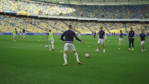 축구 선수들을 경기장에서 훈련시키고 있습니다. 몸을 풀어. 러시아 제국의 국왕. Kyiv. 우크라 이나 — 비디오