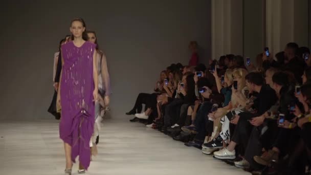 Modeshow. Groep van modellen wandelen op de catwalk. — Stockvideo