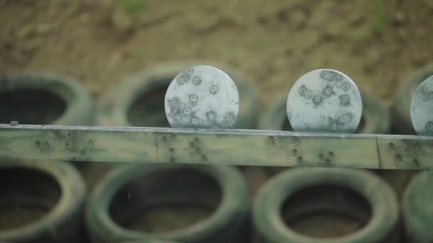 Iron targets during the shooting. Slow motion. — Stock Video