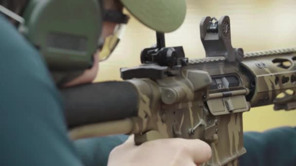 Rifle shooter during shooting. Close-up — Stock Video