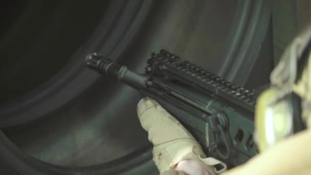 Rifle in the hands of a shooter during shooting. Slow motion. Close-up. — Stock Video