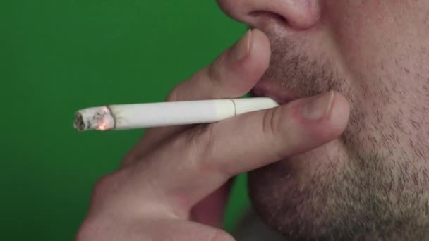 담배를 피우는 사람 의입 속에 담배를 넣는다. 클로즈업. 크로마 키. 녹색 배경. — 비디오