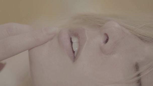 Girl with sexy lips. Close-up. Macro. Slow motion — 비디오