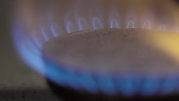 Close-up de um incêndio em uma prostituta a gás em um fogão a gás — Vídeo de Stock