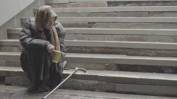 Bettler obdachlos Frau. Armut. Landstreicherei. kyiv. Ukraine. — Stockvideo