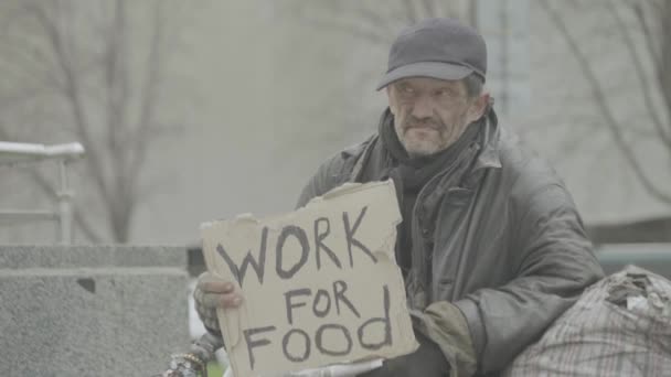 Die Aufschrift "Arbeit für Nahrung" des armen Obdachlosen. kyiv. Ukraine — Stockvideo