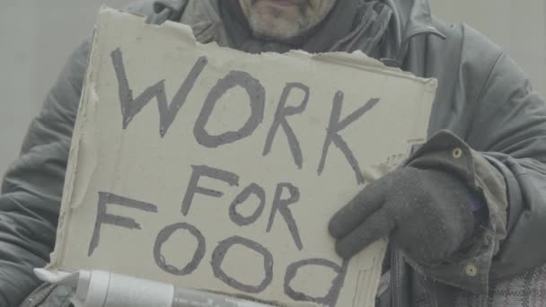 La inscripción "Trabajo por la comida" de la pobre vagabunda sin hogar. Kiev. Ucrania — Vídeo de stock