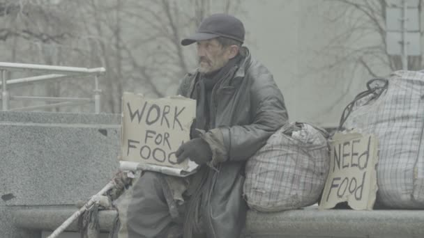 L'iscrizione "Lavoro per il cibo" del povero vagabondo senzatetto. Kiev. Ucraina — Video Stock