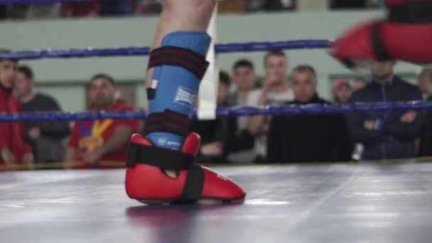 Kickboxing. Pernas de kickboxer durante a luta. Pés. Movimento lento — Vídeo de Stock