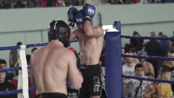 Kickboxing. A luta no ringue. Competição. Kiev. Ucrânia. Movimento lento — Vídeo de Stock