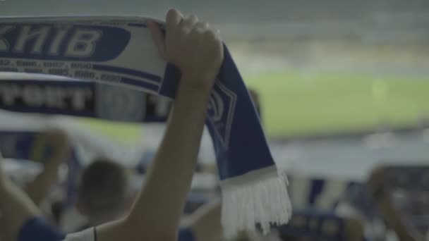 Aficionados en el estadio durante el partido. En cámara lenta. Olimpiyskiy. Kiev. Ucrania . — Vídeos de Stock