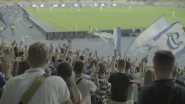 Fani na stadionie podczas meczu. Zwolnij trochę. Olimpijski. Kijów. Ukraina. — Wideo stockowe