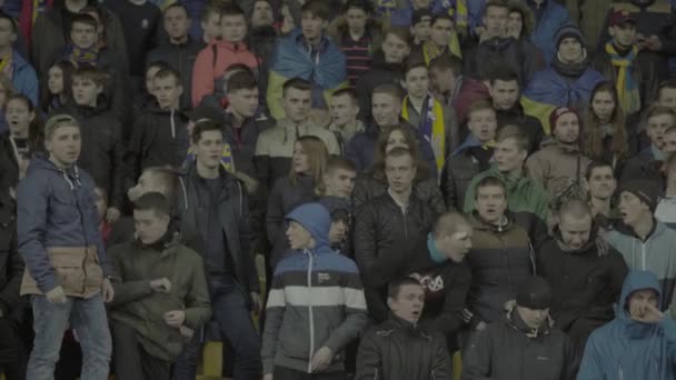 Fans in het stadion tijdens de wedstrijd. Olimpiyskiën. Kiev. Oekraïne. — Stockvideo