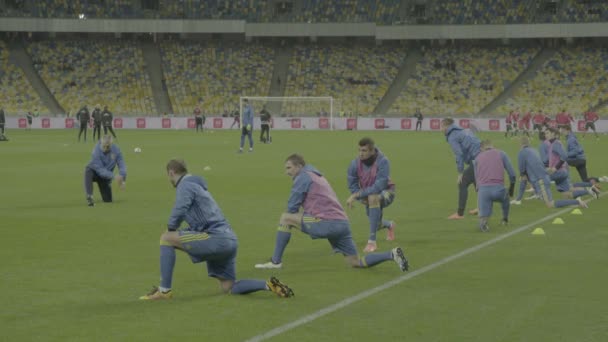 Voetballers trainen in het stadion. Opwarmen. Olimpiyskiën. Kiev. Oekraïne — Stockvideo