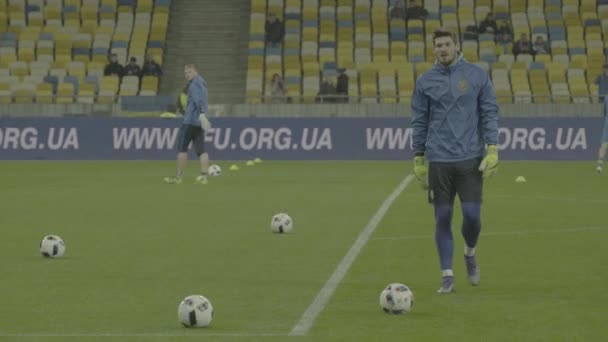 Tränar fotbollsspelare på stadion. Värm upp dig. Olimpiskt. Kiev. Ukraina — Stockvideo