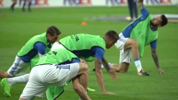 Training football soccer players at the stadium. Warm up. Olimpiyskiy. Kyiv. Ukraine — Stock Video