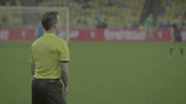 Mannelijke scheidsrechter tijdens een voetbalwedstrijd. — Stockvideo