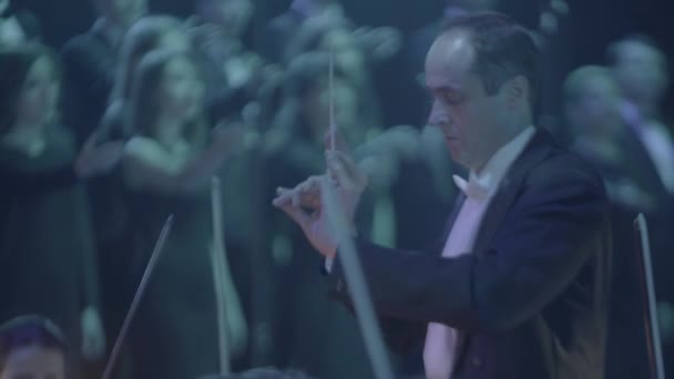 男性指揮者がオーケストラを指揮. — ストック動画