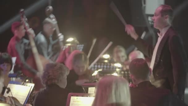 De mannelijke man dirigent dirigeert het orkest. — Stockvideo