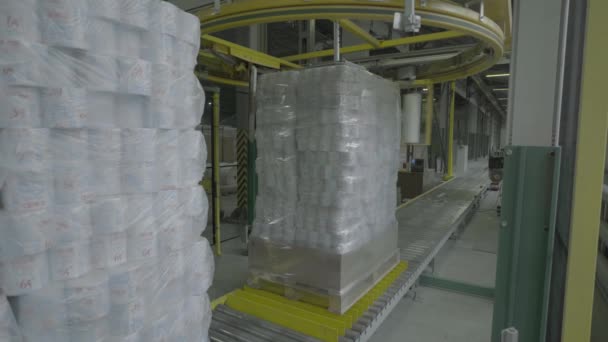 Un transportador de trabajo en una fábrica de papel. Tecnología. Fábrica. Kiev. Ucrania. — Vídeos de Stock