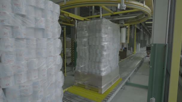 Um transportador de trabalho em uma fábrica de papel. Tecnologia. Fábrica. Kiev. Ucrânia. — Vídeo de Stock