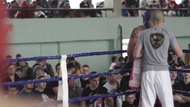 Kickboxing. Young fighter in the corner of the ring. Slow motion. Kyiv. Ukraine — Stock Video