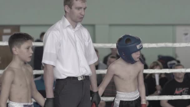 Kickboxing. L'arbitre lève la main au vainqueur. Kiev. Ukraine — Video