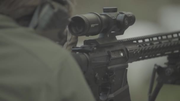 Rifle shooter during shooting. Close-up — Stock Video