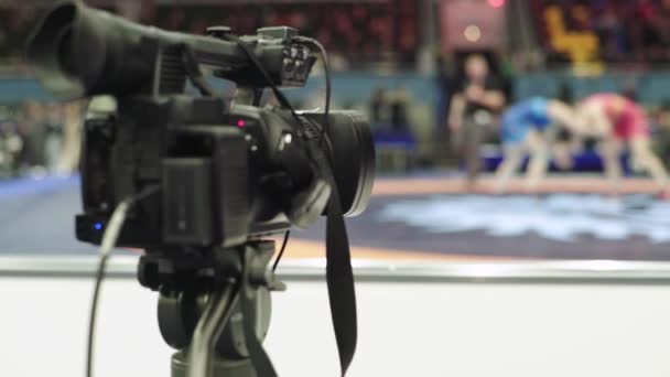 Cameraman with a camera in wrestling competitions. Close-up. — Stock Video