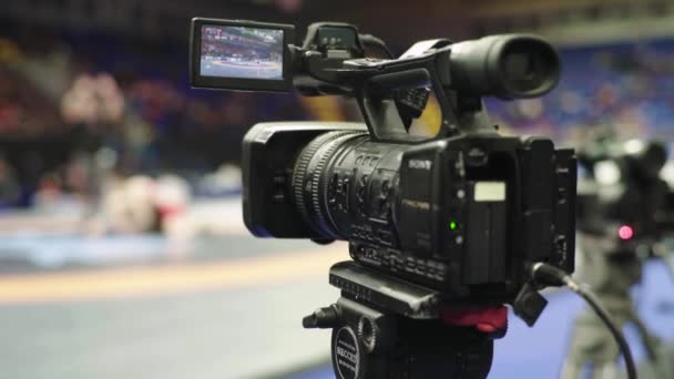 Camarógrafo con una cámara en competiciones de lucha libre. Primer plano . — Vídeos de Stock