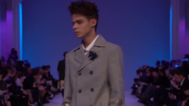 Desfile de moda. masculino homem modelo caminha no o passarela. — Vídeo de Stock