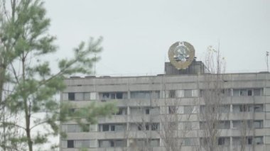 Çernobil Yasak Bölge. Pripyat. Terk edilmiş bir şehrin şehir manzarası