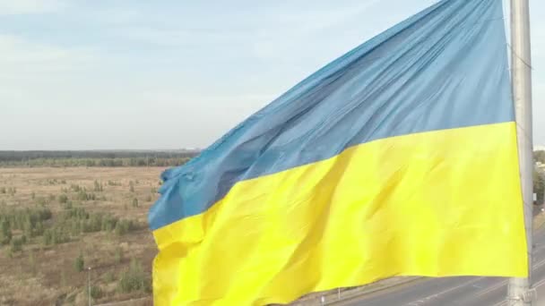 Bandera de Ucrania de cerca. Aérea. Kiev. Ucrania — Vídeos de Stock