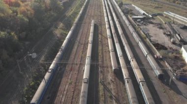 Tren istasyonunda trenler. Kyiv. Ukrayna. Hava görünümü