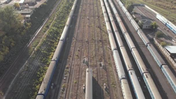 Trains in a railway depot. Kyiv. Ukraine. Aerial view — Stock Video