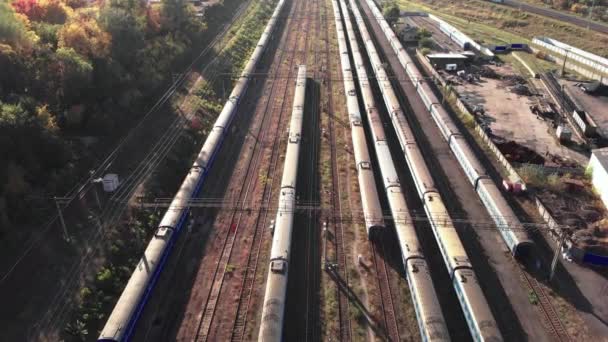 Trains in a railway depot. Kyiv. Ukraine. Aerial view — Stock Video