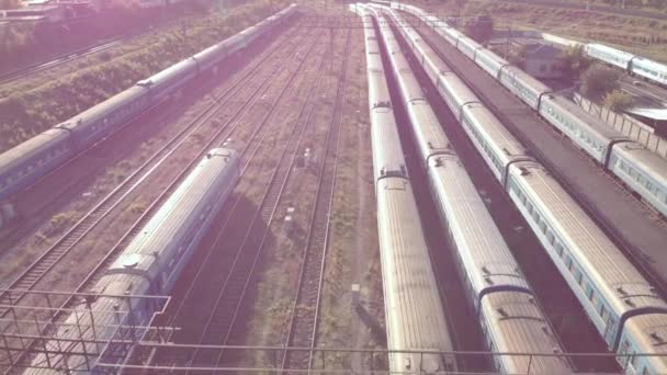 Trains in a railway depot. Kyiv. Ukraine. Aerial view — Stock Video