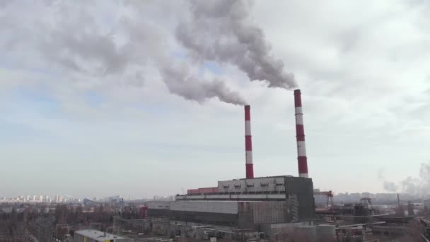 Two pipes plant with smoke. Kyiv. Ukraine. Aerial view — Stock Video