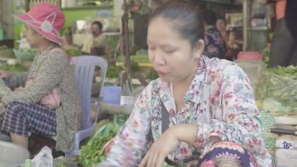 Marknaden i Phnom Penh. Kambodja. Asien. Kvinnlig säljare skär fisk — Stockvideo