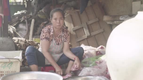 Markt in Phnom Penh. Kambodscha. Asien. Verkäuferin mit Fleisch. — Stockvideo