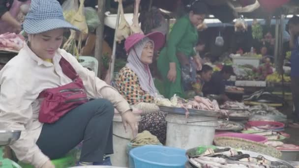 Piac Sihanoukville-ben. Kambodzsa. Ázsiában. Női eladó halat árul. — Stock videók