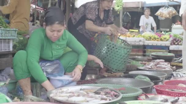 Mercado em Sihanoukville. Camboja. Ásia. Mulher vendedor vende peixe — Vídeo de Stock