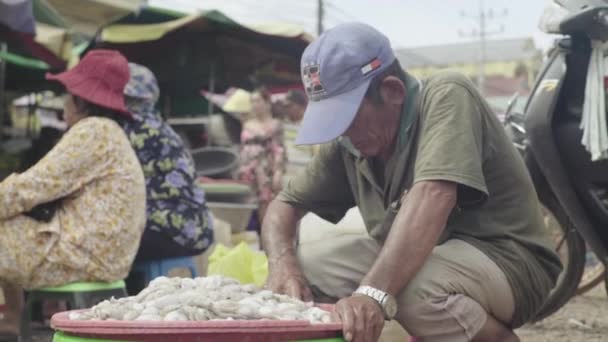 Marknaden i Sihanoukville. Kambodja. Asien. Bläckfisk säljare — Stockvideo