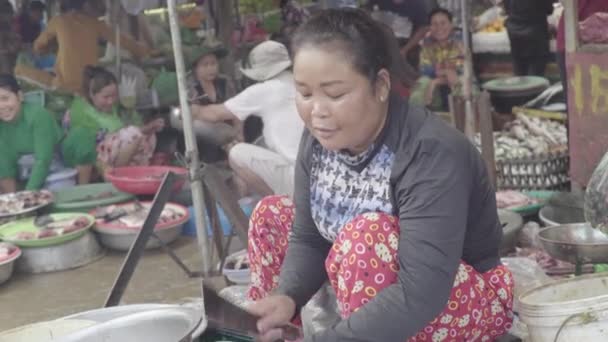 Mercado en Sihanoukville. Camboya. Asia. Mujer vendedor de pescado — Vídeos de Stock