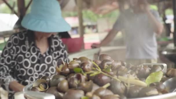Αγορά στο Sihanoukville. Καμπότζη. Ασία. Η γυναίκα πουλάει βραστά σαλιγκάρια — Αρχείο Βίντεο