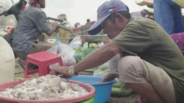 Mercado em Sihanoukville. Camboja. Ásia. Homem vendedor de lulas — Vídeo de Stock