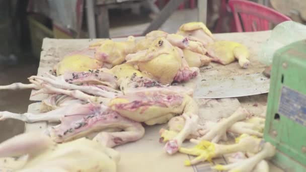 Mercado em Sihanoukville. Camboja. Ásia. Muitas moscas sentam-se em carcaças de frango — Vídeo de Stock