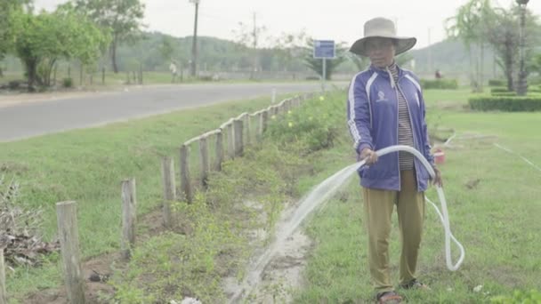Das wirkliche Leben in Kambodscha: Eine Frau schlaucht Gras. Phnom Penh. Asien — Stockvideo